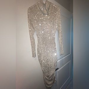 A Stretchy , Comfortable, Nude & Silver Sequined Dress.
